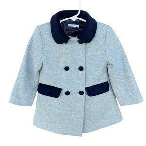 Oscar de la Renta 100% Wool Herringbone Coat Velvet Accents Pockets Blue 18 Mo